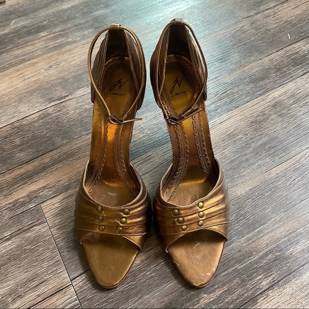 J Vincent Gold Brown Metallic Staccato Wedge Ankle Strap Heels
